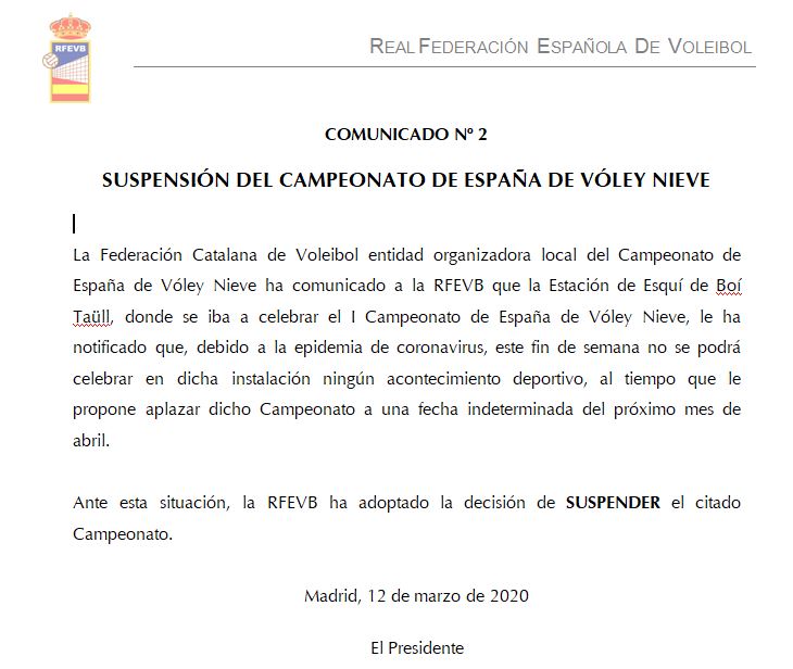 Suspendido el Campeonato de España de Vóley Nieve.